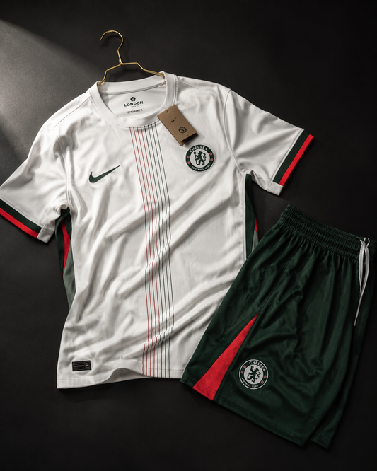 Chelsea Away 2025-26 Jersey Set (White Jersey + Green Shorts) Clubdrip