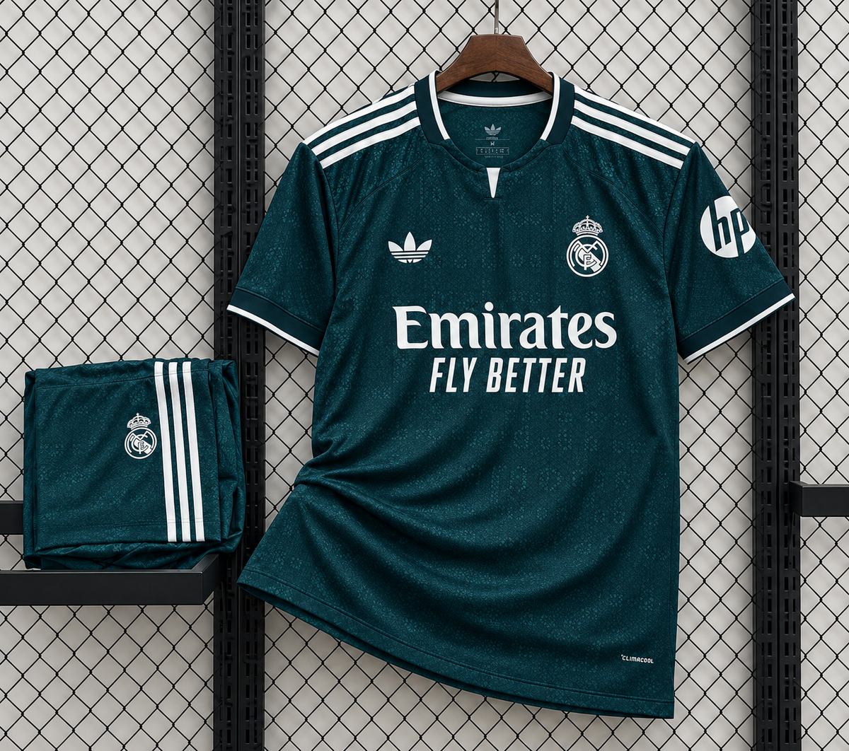 Real Madrid 2026-27 Away Jersey Set Aurora Ivy Dark Green Complete - ClubDrip India