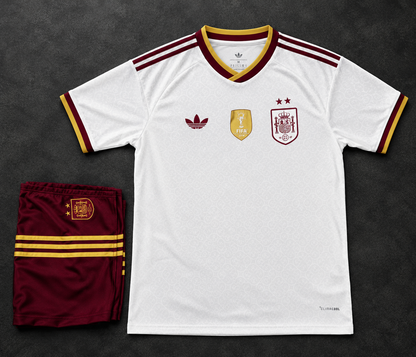 Spain 2026 World Cup Away Jersey Set – off-white base with gold manuscript jacquard pattern, ribbed collar and burgundy Adidas Three Stripes