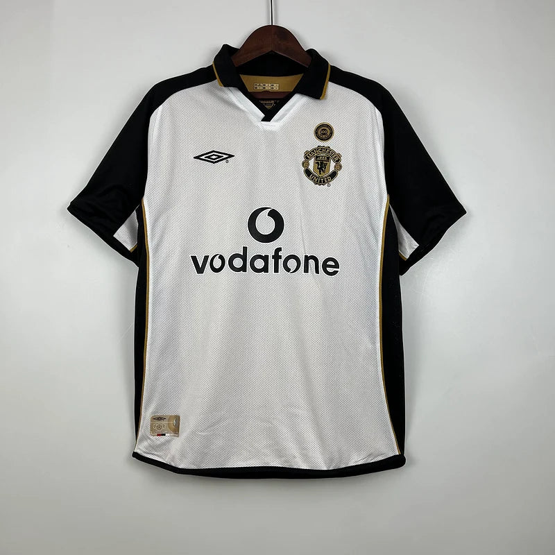 Manchester United 2001-02 Centenary Away Reversible Jersey Retro Version – white side with black and gold accents, Vodafone sponsor and centenary patch