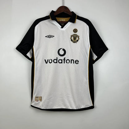 Manchester United 2001-02 Centenary Away Reversible Jersey Retro Version – white side with black and gold accents, Vodafone sponsor and centenary patch