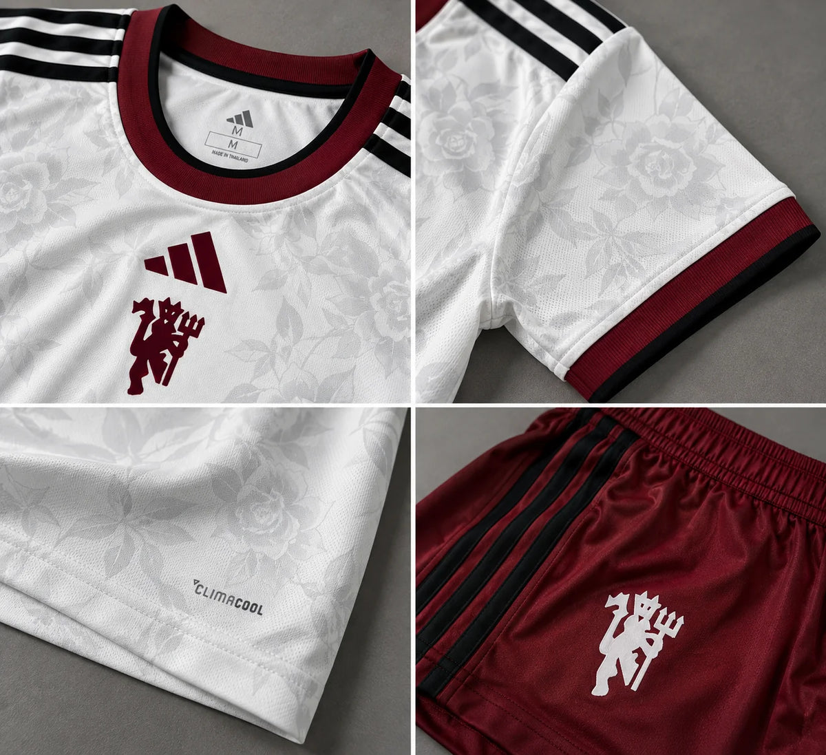 Manchester United 2026-27 Third Jersey Set – Ivory with Lancashire rose pattern and dark green Jungle Ink Adidas stripes