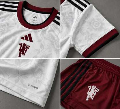 Manchester United 2026-27 Third Jersey Set – Ivory with Lancashire rose pattern and dark green Jungle Ink Adidas stripes